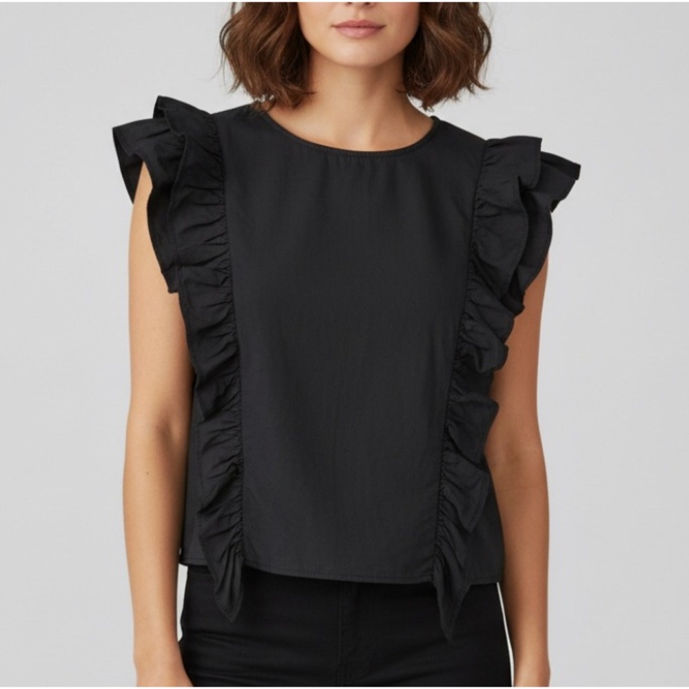 ENGLISH FACTORY Black Poplin Sleeveless Top RUFFLE TRIM w/FLUTTER SLEEVE sz S